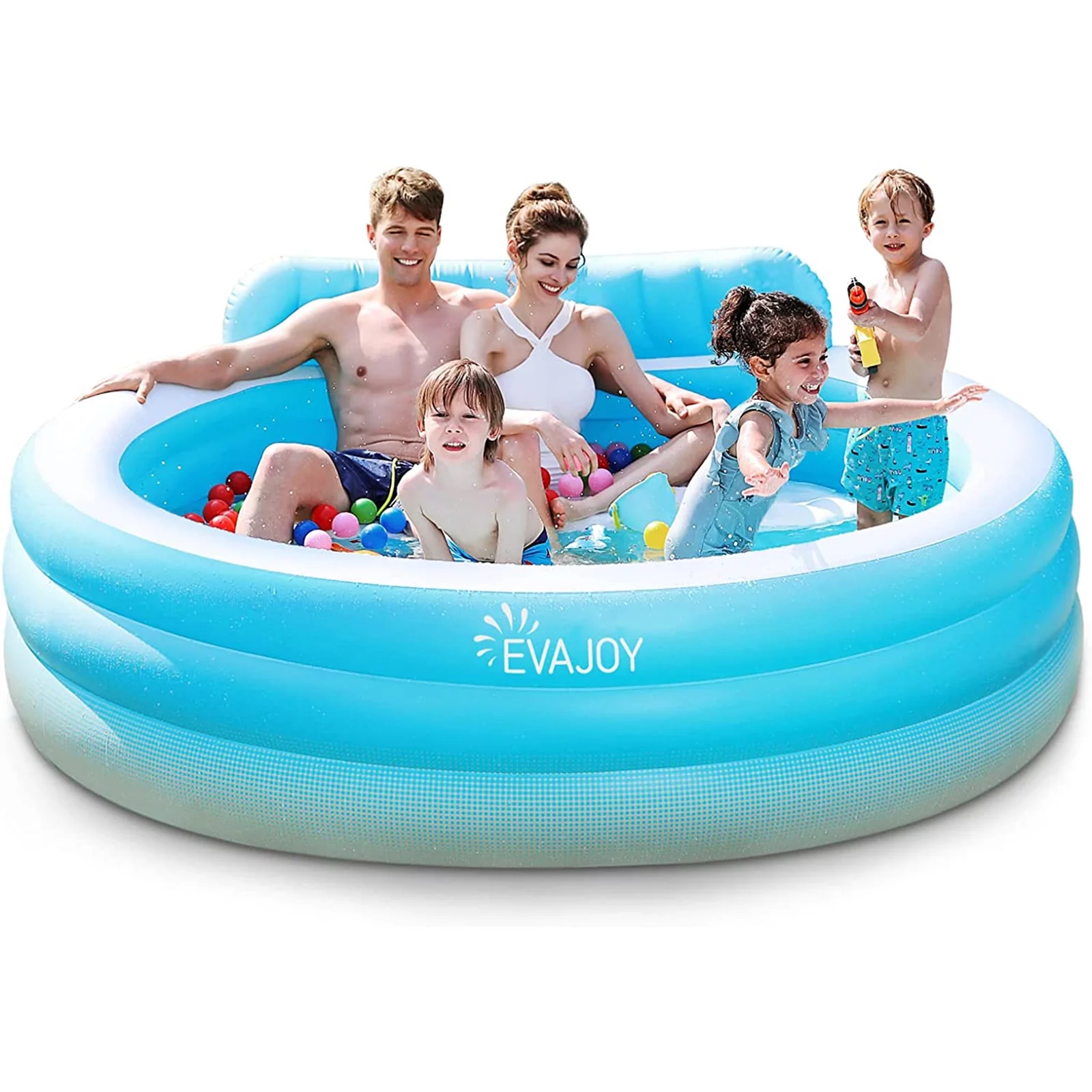Evajoy Inflatable Pool, Family Lounge Swimming Pool with Seat for Kids Aldult, Round, 7.33 x 7.11 x 2.5 ft