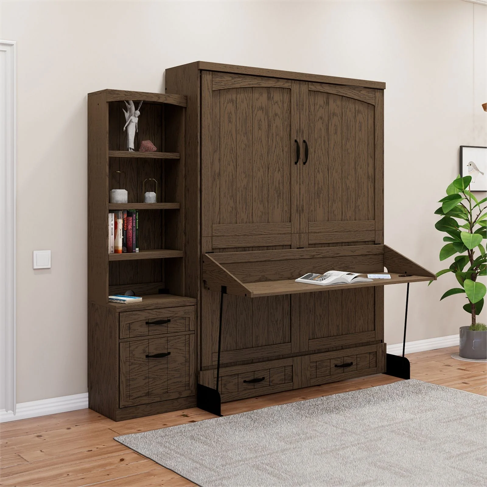 RoomAndLoft Cape Cod Wood Queen Murphy Wall Desk Bed & Shelf Storage in Brown