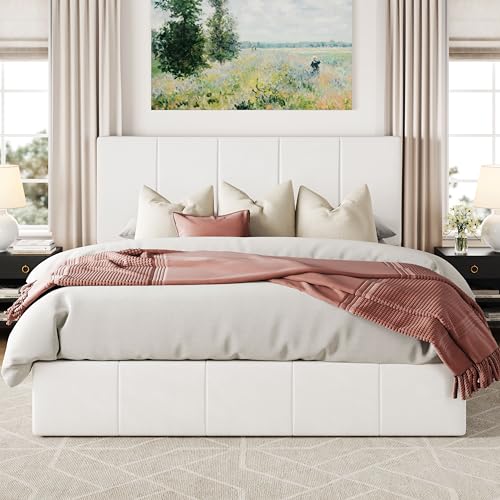 Allewie Queen Size Velvet Lift Up Storage Bed Frame, Vertical Channel Tufted Headboard, Hydrualic Underneath Storage, Upholstered Platform Bed