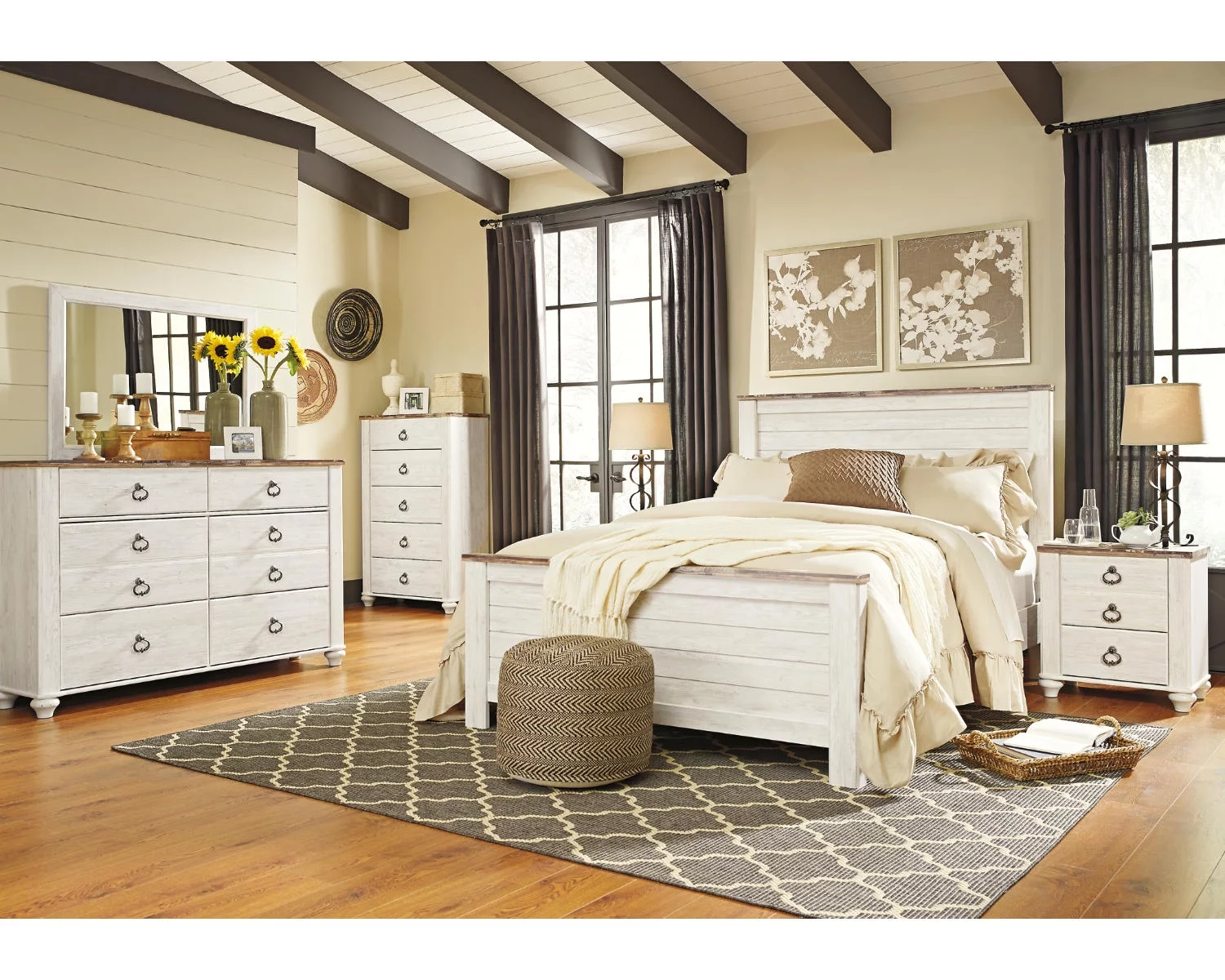 Signature Design by Ashley Willowton Farmhouse 2 Drawer Nightstand with USB Charging Ports, Whitewash