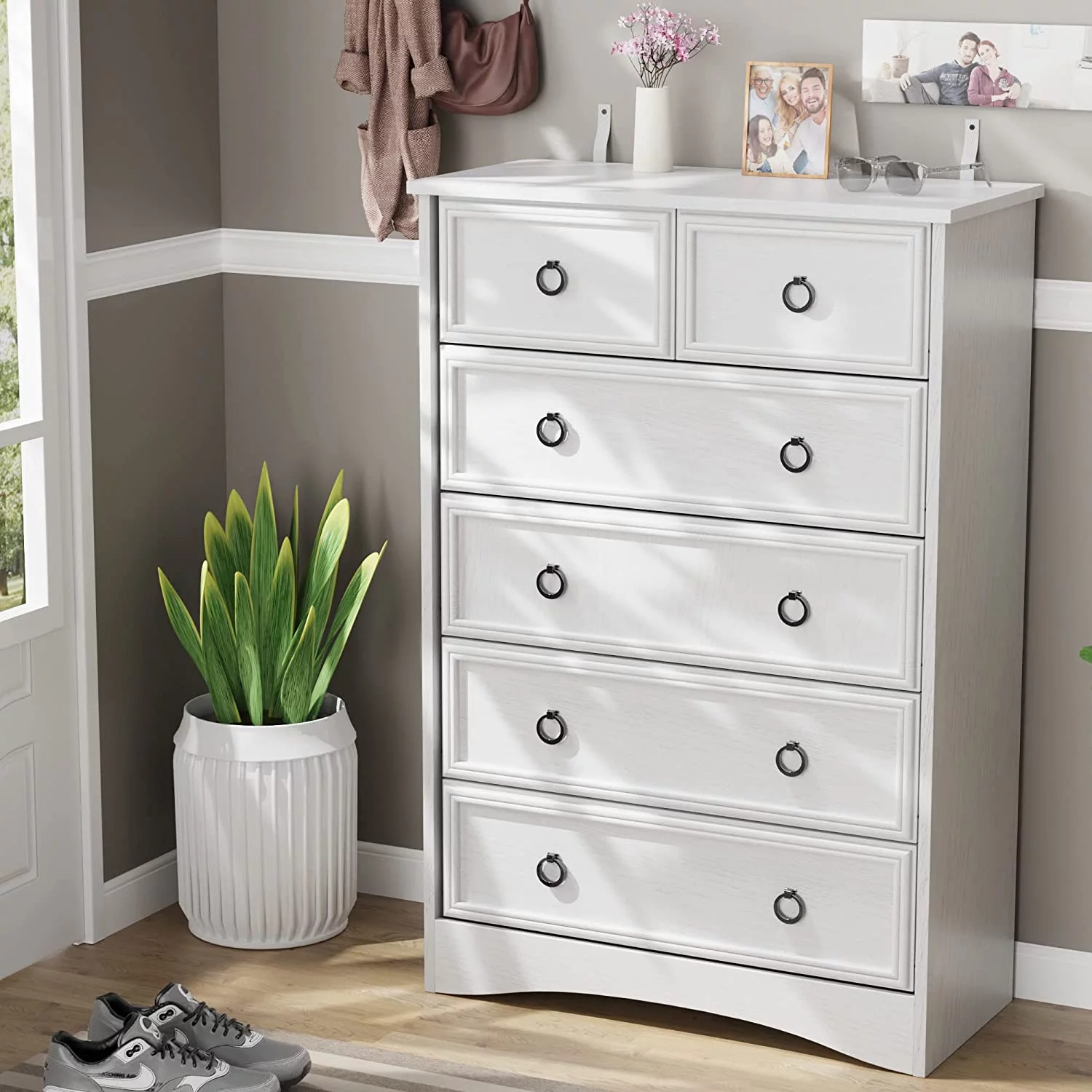 6 Drawer Dresser, White Wood Chest of Drawers Dressers for Bedroom, Living Room