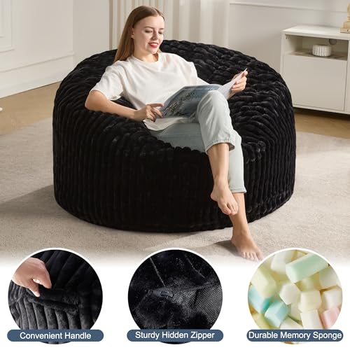 Hobestluk 5ft Bean Bag Chairs for Adults Large Beanbag Chair with Stripe Plush Cover Big Bean Bag Chair for Living Room Bedroom Dorm Office -Black