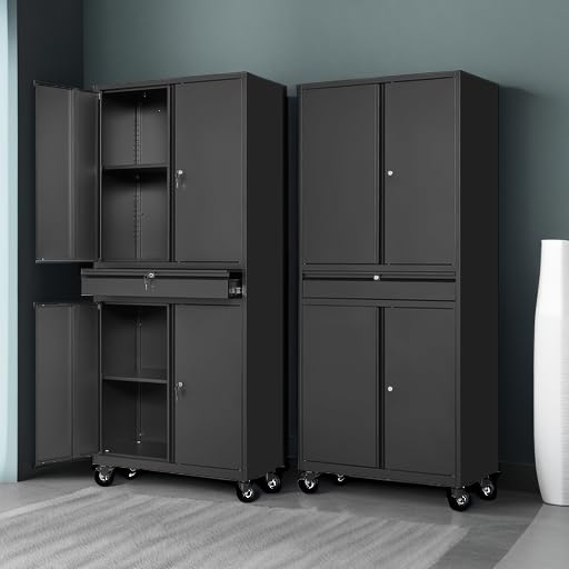 Letaya Metal Garage Storage Cabinet with Drawer,4 Door Tool Cabinet with Lock-2 Adjustable Shelves for Garage Home Office Utility Room (Black)