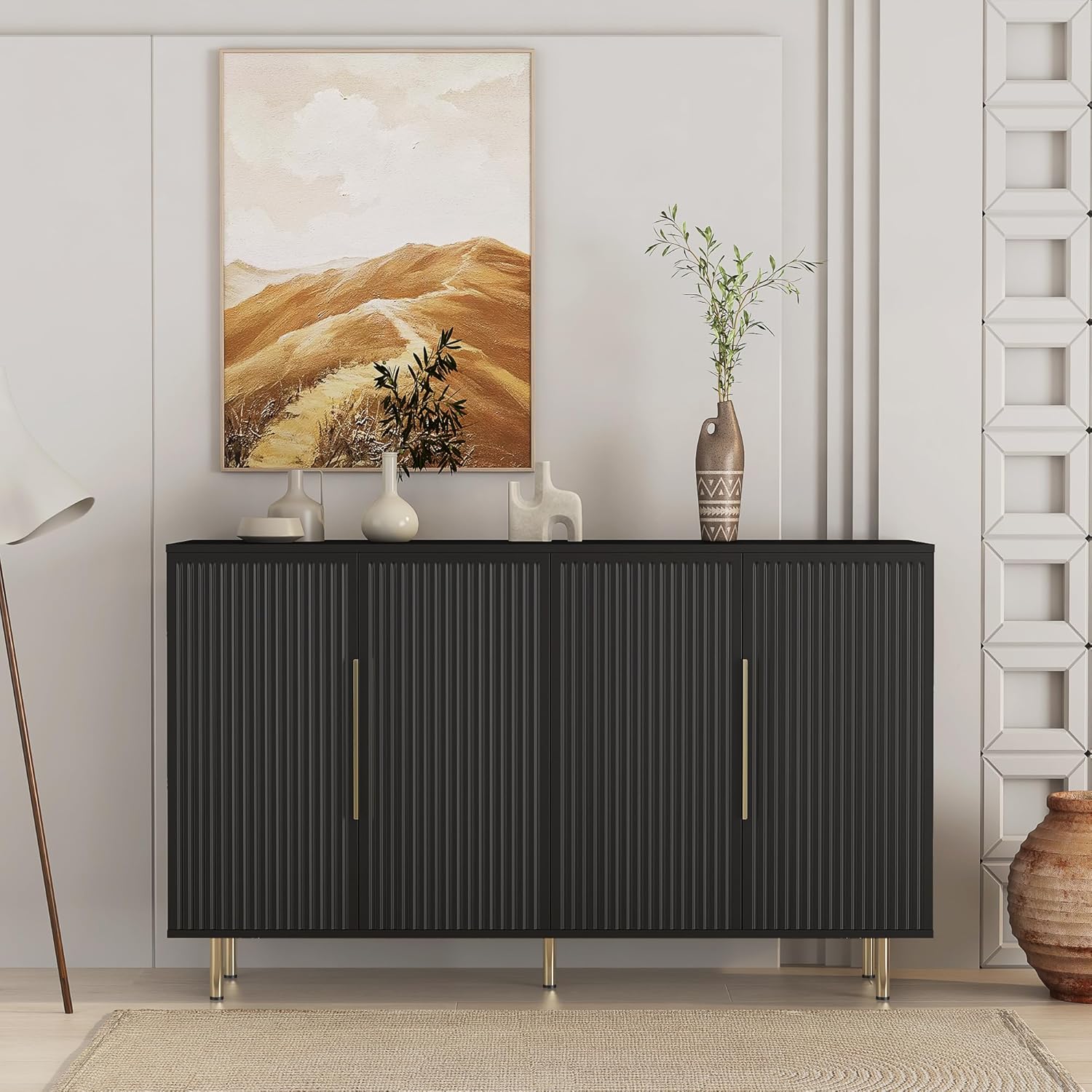 Buffet Cabinet with Storage,Sideboard Buffet Storage Cabinet,Black Storage Cabinet with 4 Fluted Doors & Adjustable Shelf