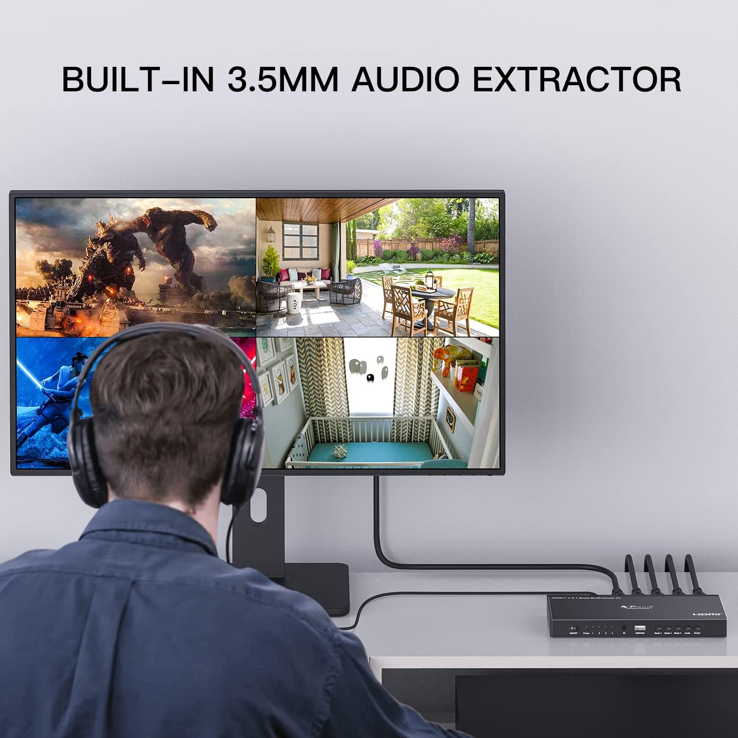 HDMI Multiviewer Switch 4x1,PORTTA HDMI Quad Multi-Viewer Seamless Switcher 4 in 1 Out with Loop, Audio Extractor to Stereo,4K