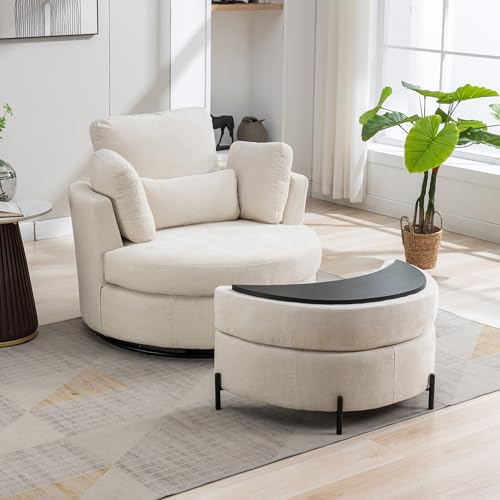 Aoiy & Wifon 42.2" W Oversized Swivel Barrel Chair with Ottoman, Upholstered Round Accent Chair with Storage Ottoman, Chenille, Beige