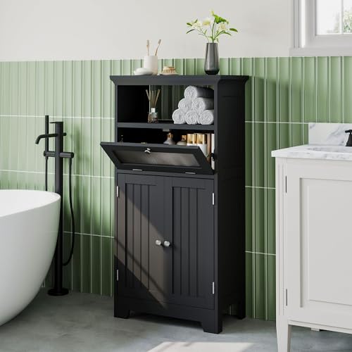 ChooChoo Bathroom Floor Storage Cabinet with Flip Glass Drawer, Freestanding with 2 Doors, Adjustable Shelf & 1 Open Storage for Living Room, Hallway