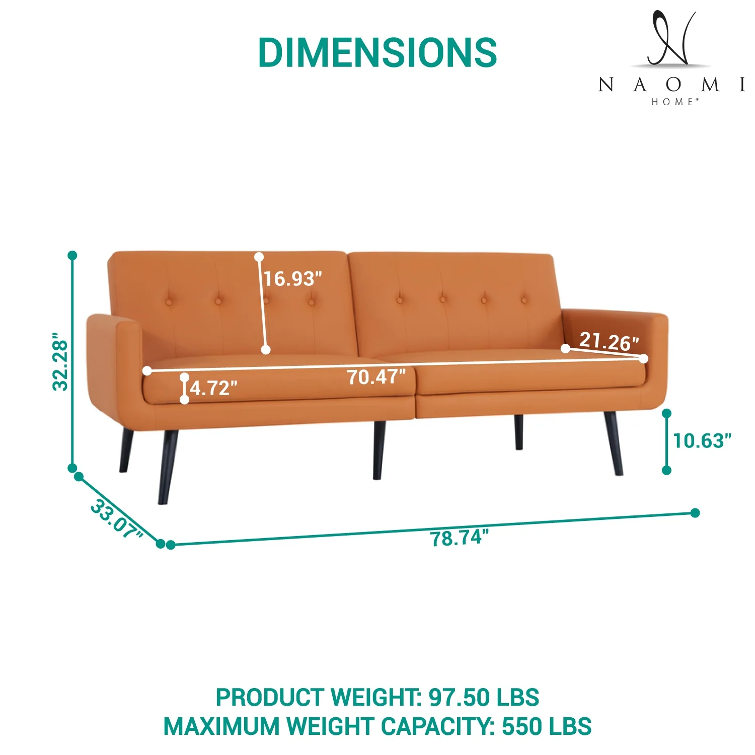 Naomi Home Monica Mid Century Style Futon Sofa Bed-Color:Caramel,Material:Air Leather