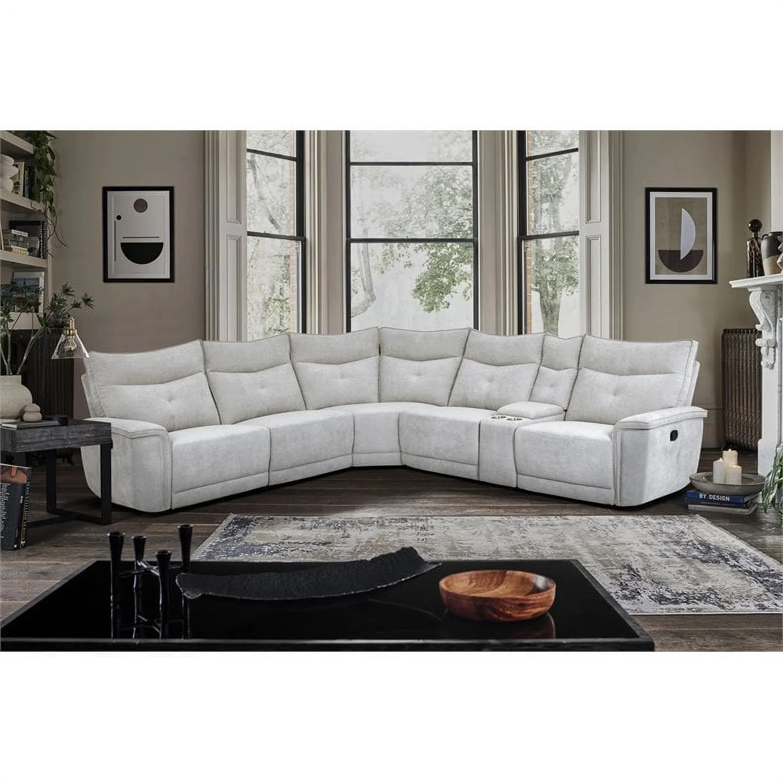 Lexicon Tesoro 6-Piece 3 Recliner Wood & Fabric Sectional Set in Mist Gray