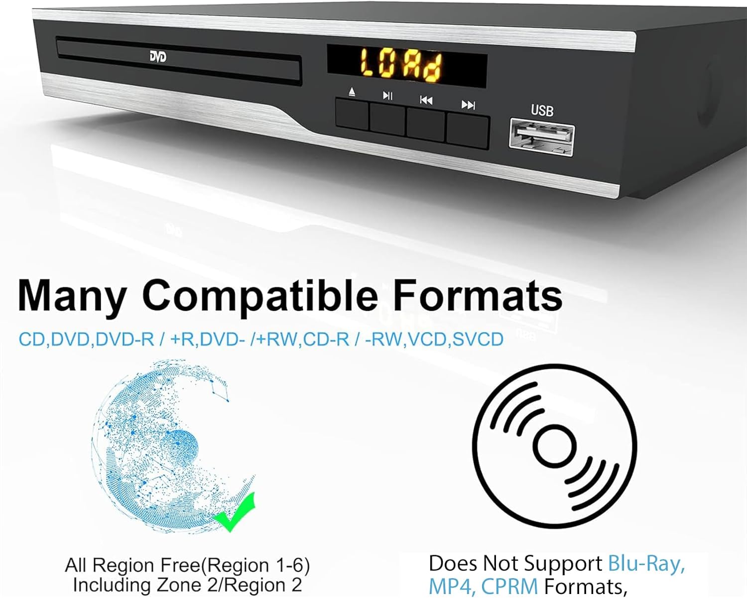 DVD Player, Region Free DVD Players for CD/DVD's, Compact DVD Player Supports NTSC/PAL System with RCA Stable Outputs/USB 128G Input