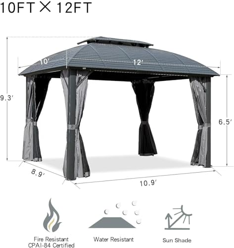 Domi 10’ x 10’ Hardtop Gazebo Metal Frame Canopy with Netting & Curtains