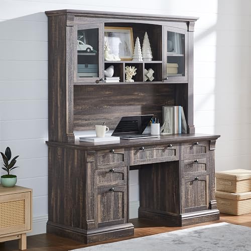 OKD 60" Executive Desk with Drawers, Farmhouse Home Office Desk with Charging Station, Keyboard Tray, File Cabinet Storage