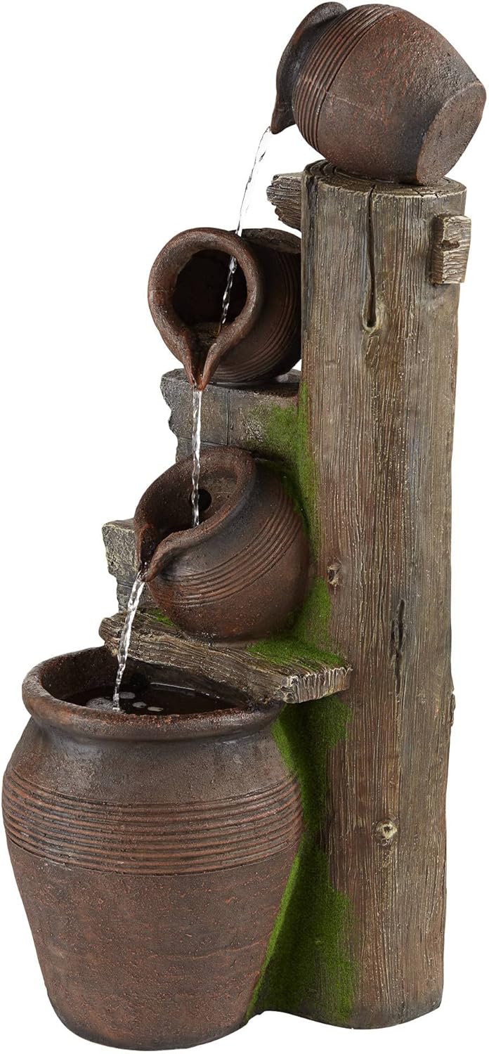 Four Pot Rustic Outdoor Floor Water Fountain 39 1/4" High with LED Light Cascading Decor for Garden Patio Backyard Deck Home Lawn Porch House