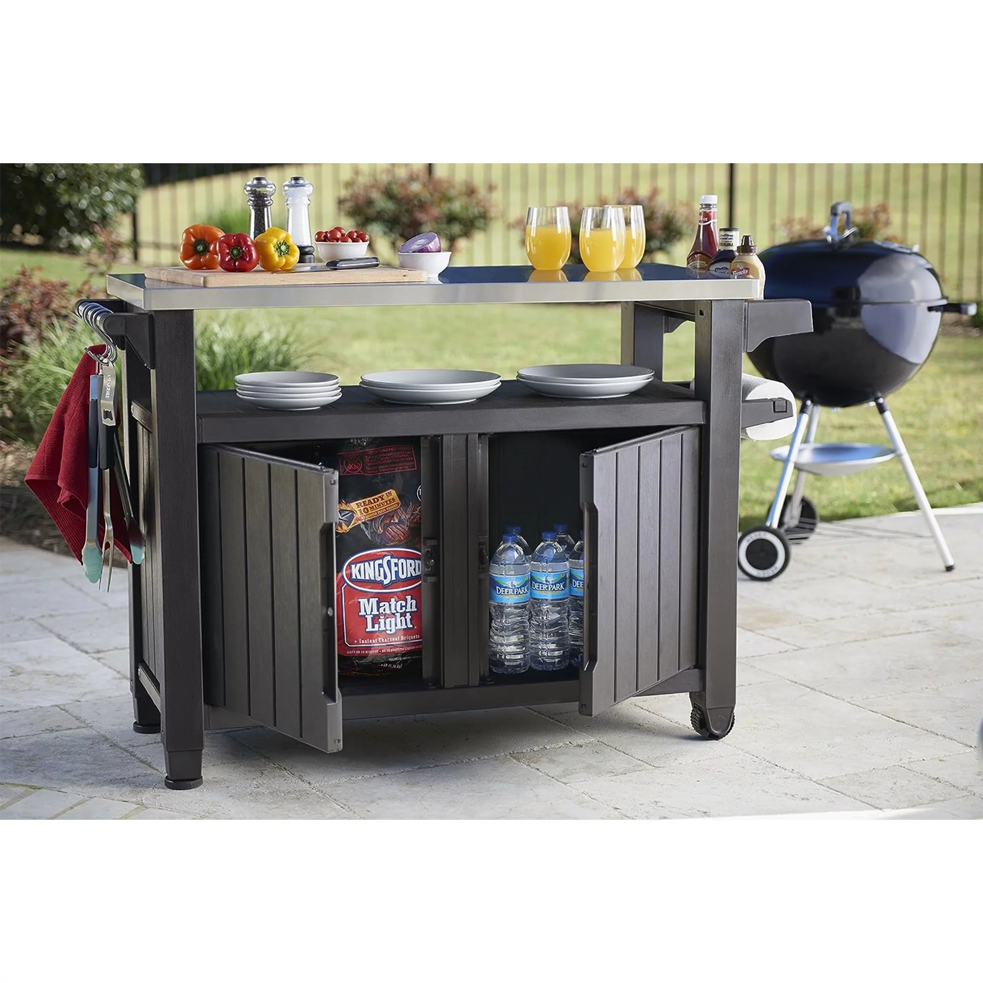 Keter Unity XL Outdoor Kitchen Bar Rolling Cart with Storage Cabinet, Brown - Radiant Selections