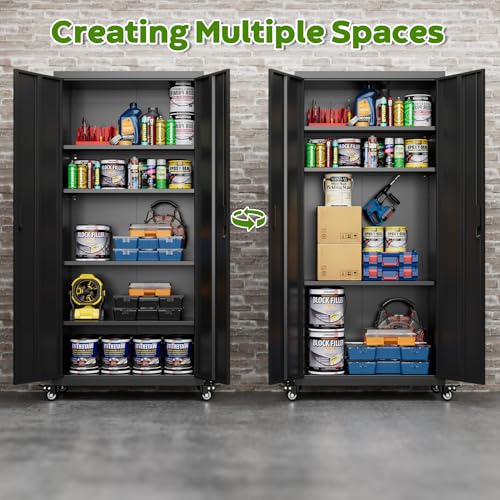 73" H Metal Garage Storage Cabinet with Wheels, Metal Storage Cabinet with 4 Adjustable Shelves for Garage Home Office Utility Room,Required Assembly