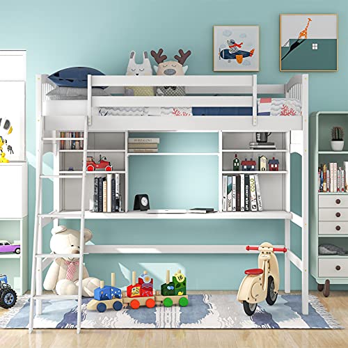 Harper & Bright Designs Full Size Loft Bed with Wardrobe and Desk, Solid Wood Loft Bed Frame with Storage, for Kids Teens Adults (Full Size, White)