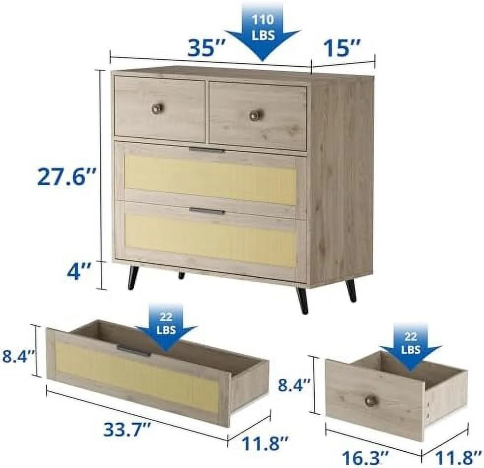 JYHOME Small 3 Drawer Dresser  Mid-Century Modern Rattan Dresser Chest with Metal Handles  Wood  Cabinet of Drawers for Bedroom  Living Room  Hallway