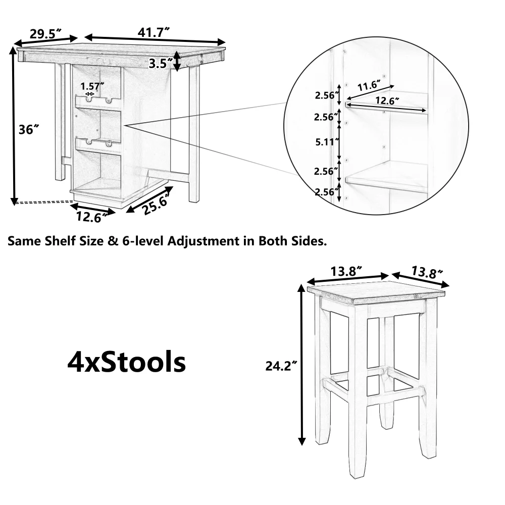 Farmhouse 5-Piece Counter Height Dining Sets, 4 Stools, Square Wood Table with 3-Tier Adjustable Storage Shelves and Wine Racks for Small Spaces
