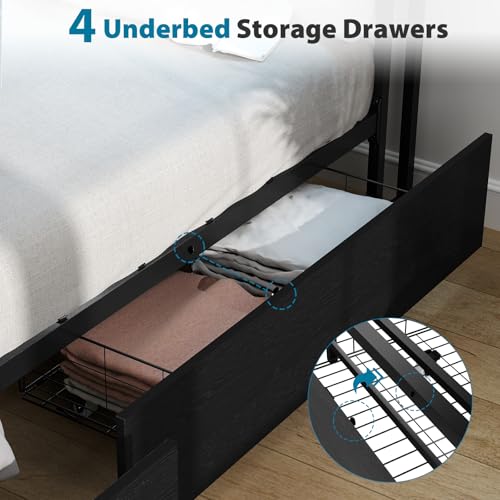 Full Size Bed Frame with Headboard, LED Platform Bed with 4 Storage Drawers, Built in Charging Station, Noise-Free, Metal Support Base