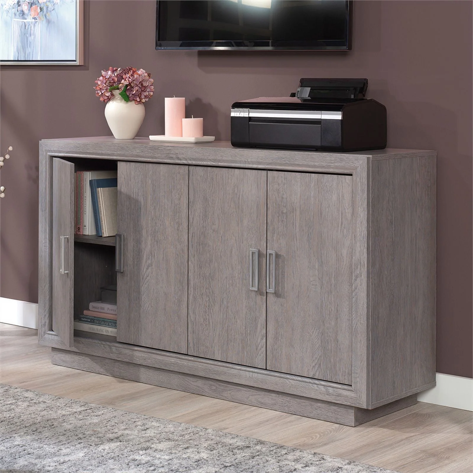 Pemberly Row Modern Engineered Wood Credenza in Ashen Oak Finish