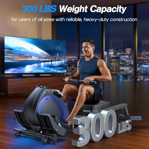 WELLFIT Rowing Machine for Home - Magnetic Rowing Machines 300lbs Capacity, Quiet Compact Smart Indoor Rower with Adjustable Resistance
