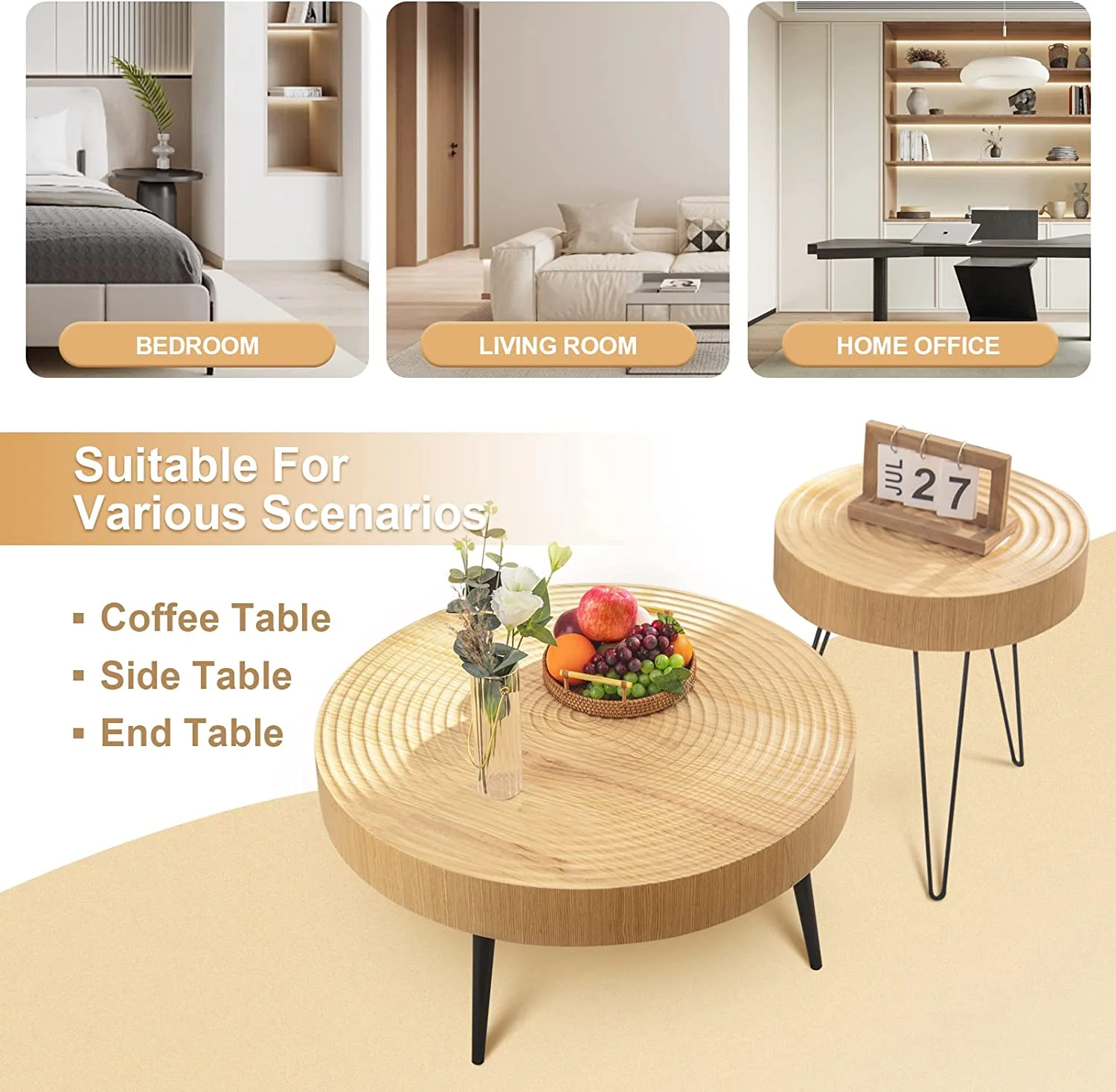 KHBIULIFE 2 Pieces  Round Wood Coffee Table Set  Farmhouse Circle Living Room Table Set of 2  Modern Ring Motif Natural Wood Finish Side and End