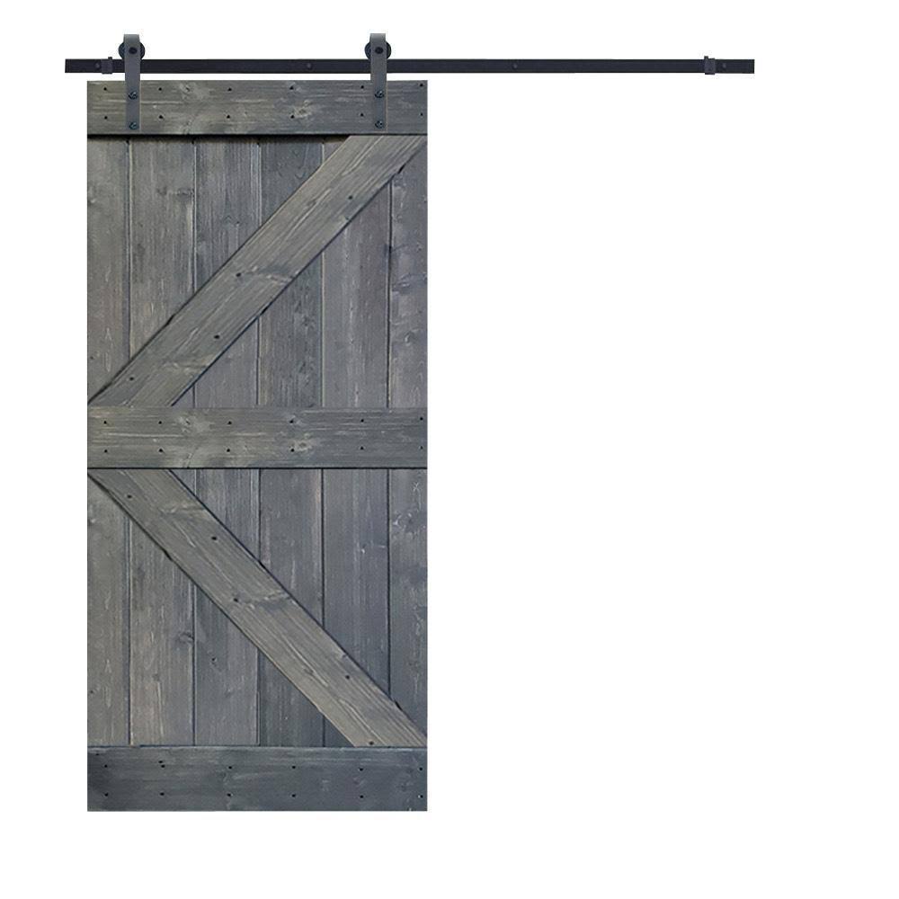CALHOME K Series 36 in. x 84 in. Gray Stained Knotty Pine Wood Interior Sliding Barn Door with Hardware Kit