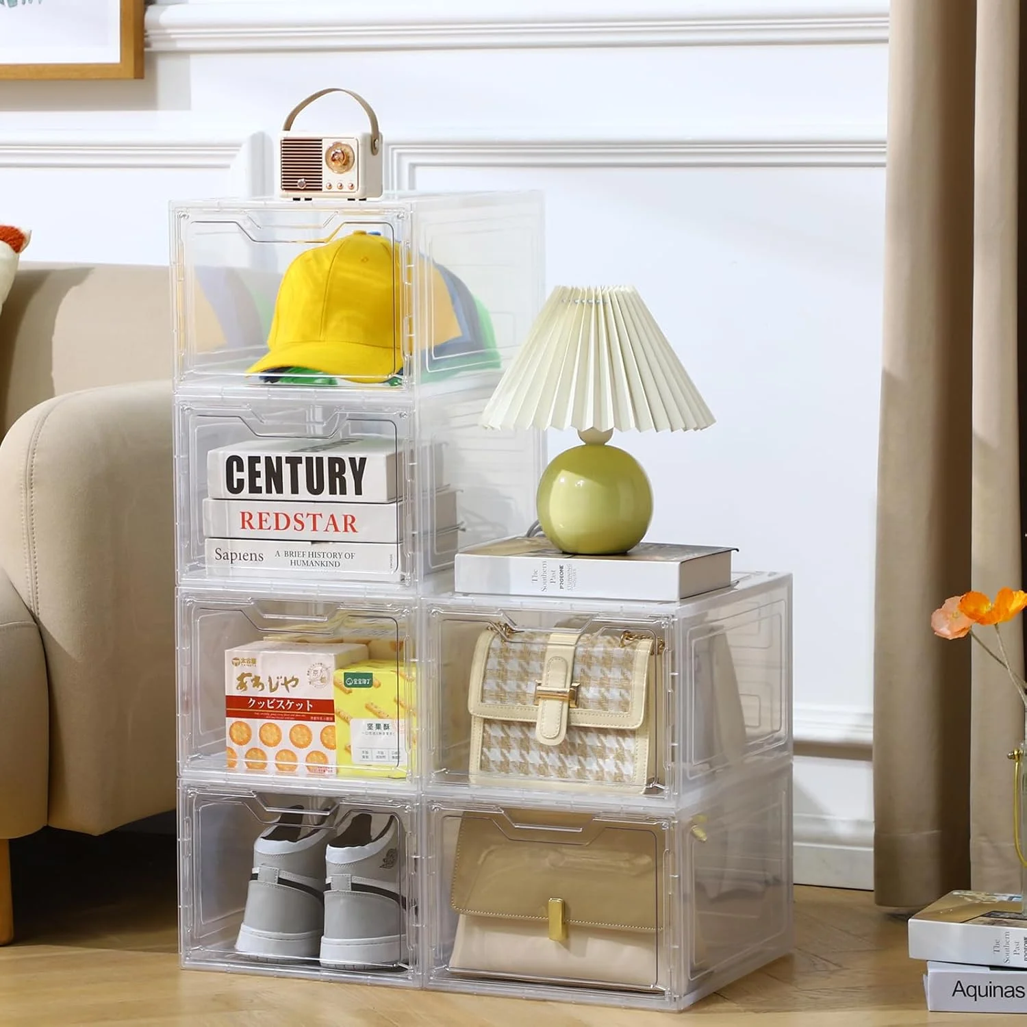 6 Pack Closet Organizers and Storage,Clear Stackable Plastic Storage Bins with Lids Magnetic Doors,Clothes Organizers and Storage