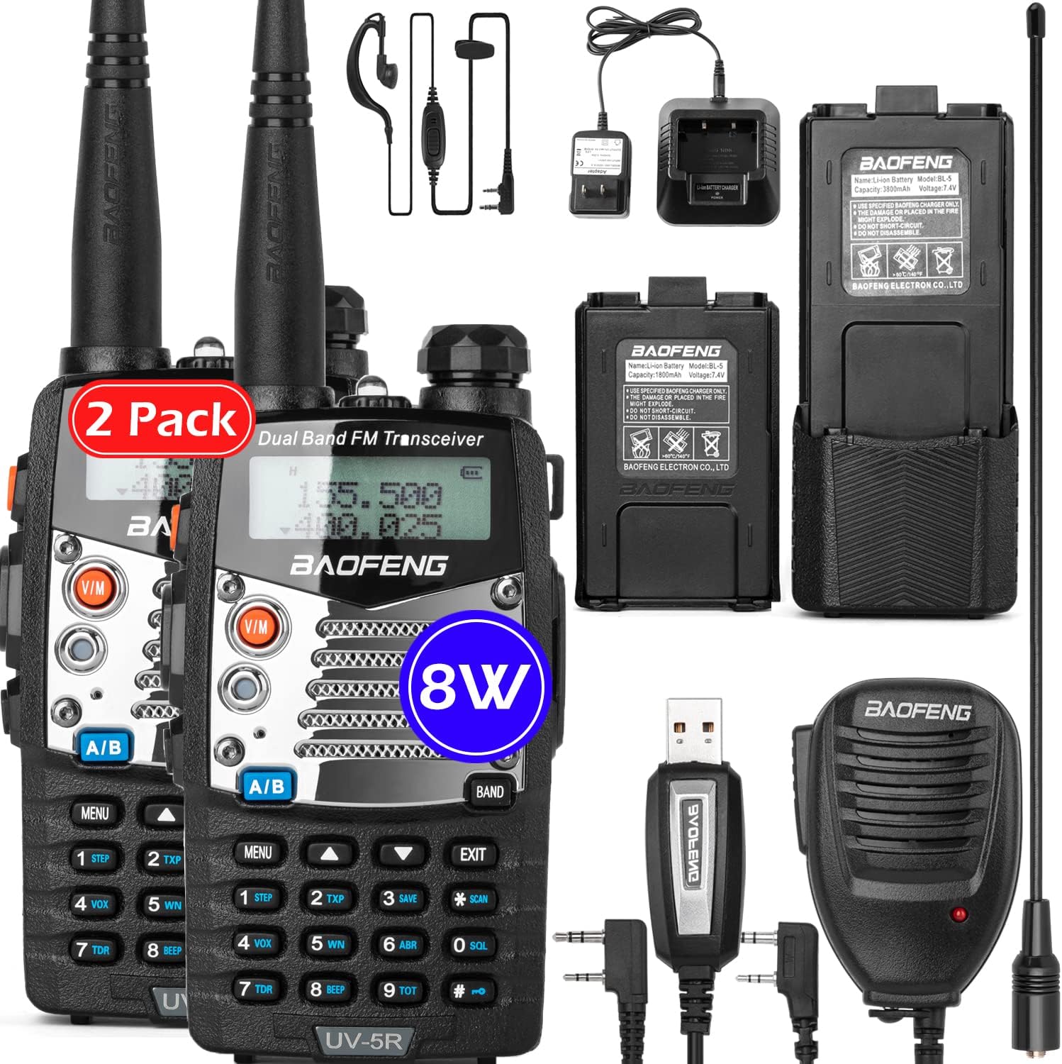 BaoFeng UV-5R Pro Ham Radio with 2 Rechargeable Battery, Dual-Band 2-Way Radio Handheld Walkie Talkies with Earpiece and Programming Cable (2 Pack)