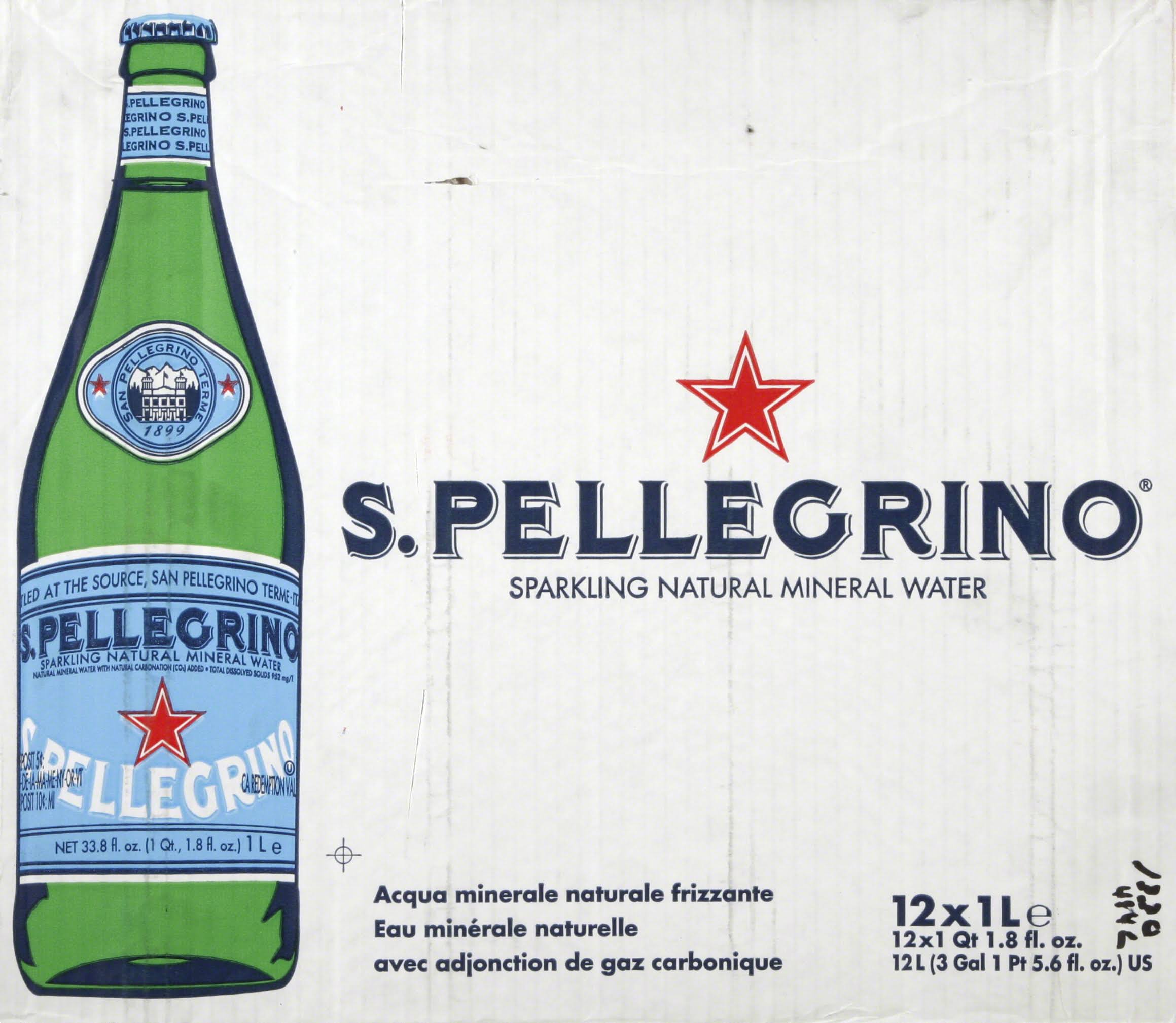 San Pellegrino Sparkling Natural Mineral Water - 12 - 1 qt 1.8 fl oz (1 lt) bottles