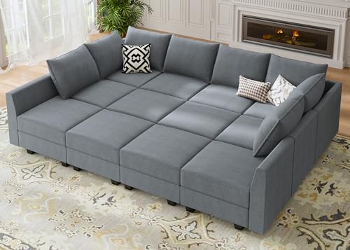 HONBAY Modular Sofa Sectional Sleeper Couch with Ottomans Reversible Sleeper Sectional Sofa Modular Couch with Storage, Aqua Blue
