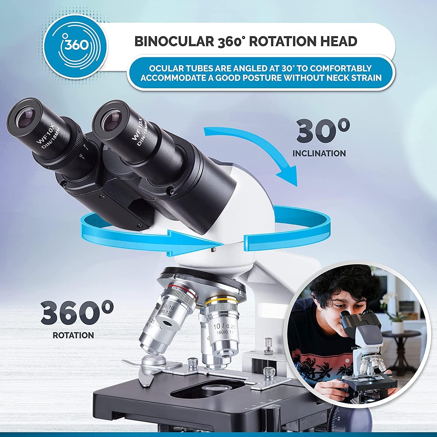 AmScope B120C-E1 Siedentopf Binocular Compound Microscope, 40X-2500X Magnification, LED Illumination, Abbe Condenser, Two-Layer Mechanical Stage