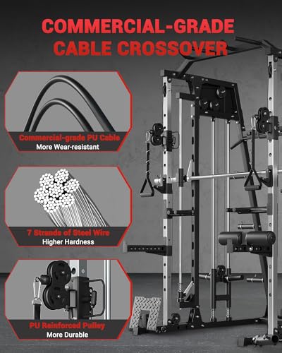 Smith Machine Home Gym All in One, 2200LBS Squat Rack Power Cage with Smith Bar, LAT Pull-Down, Cable Systems, Leg Hold-Down and More Attachments
