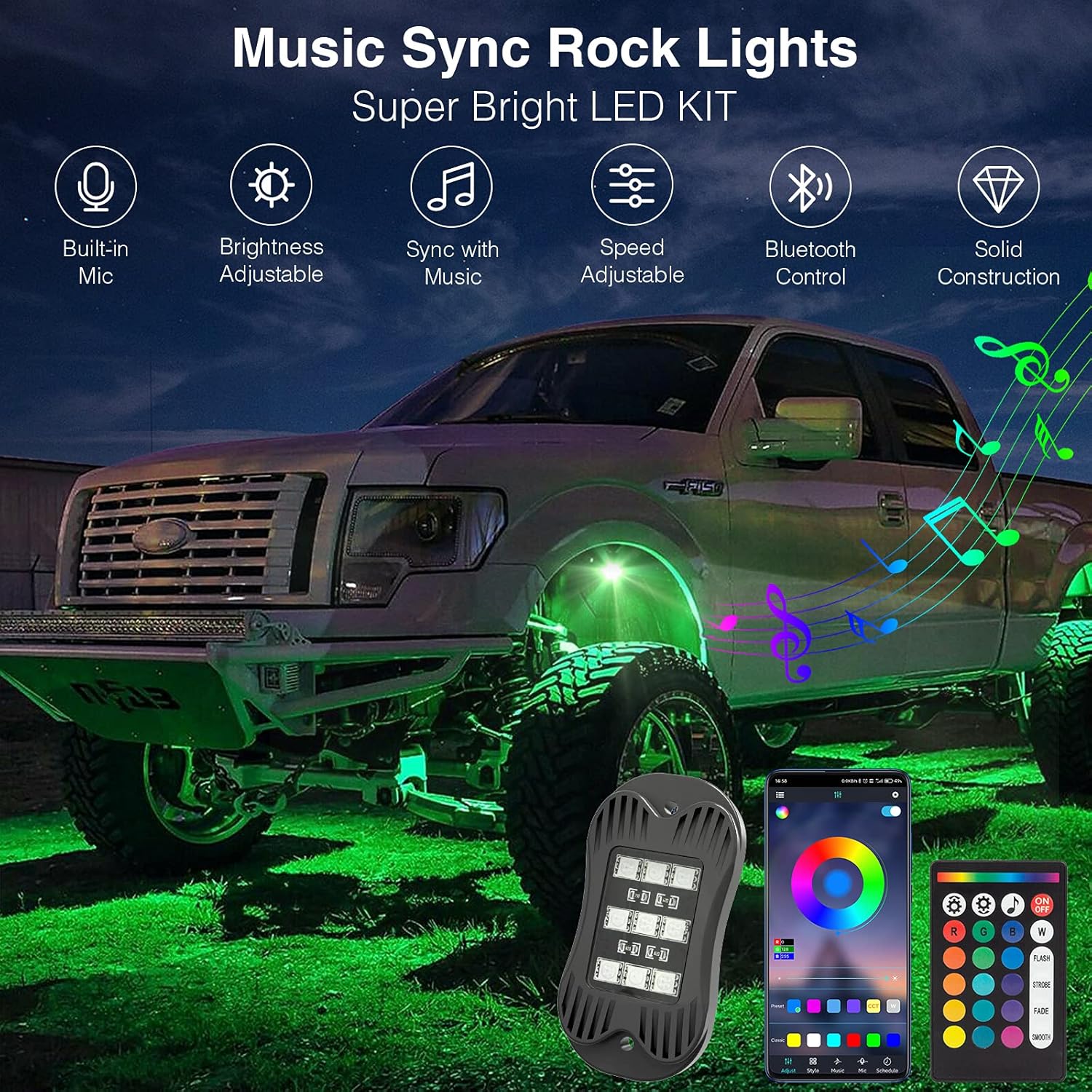 RGB Led Rock Lights for Trucks Exterior, Neon Lights Underglow Kit for Cars 6 Pods，App/1-Button Switch/Rf Remote Control