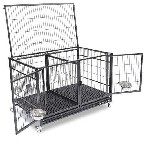 Homey Pet 43 inch Dog Crate 2 Floor Stackable Heavy Duty Dog Kennel Dog Grooming Cage with Detachable Divider, Additional Tray