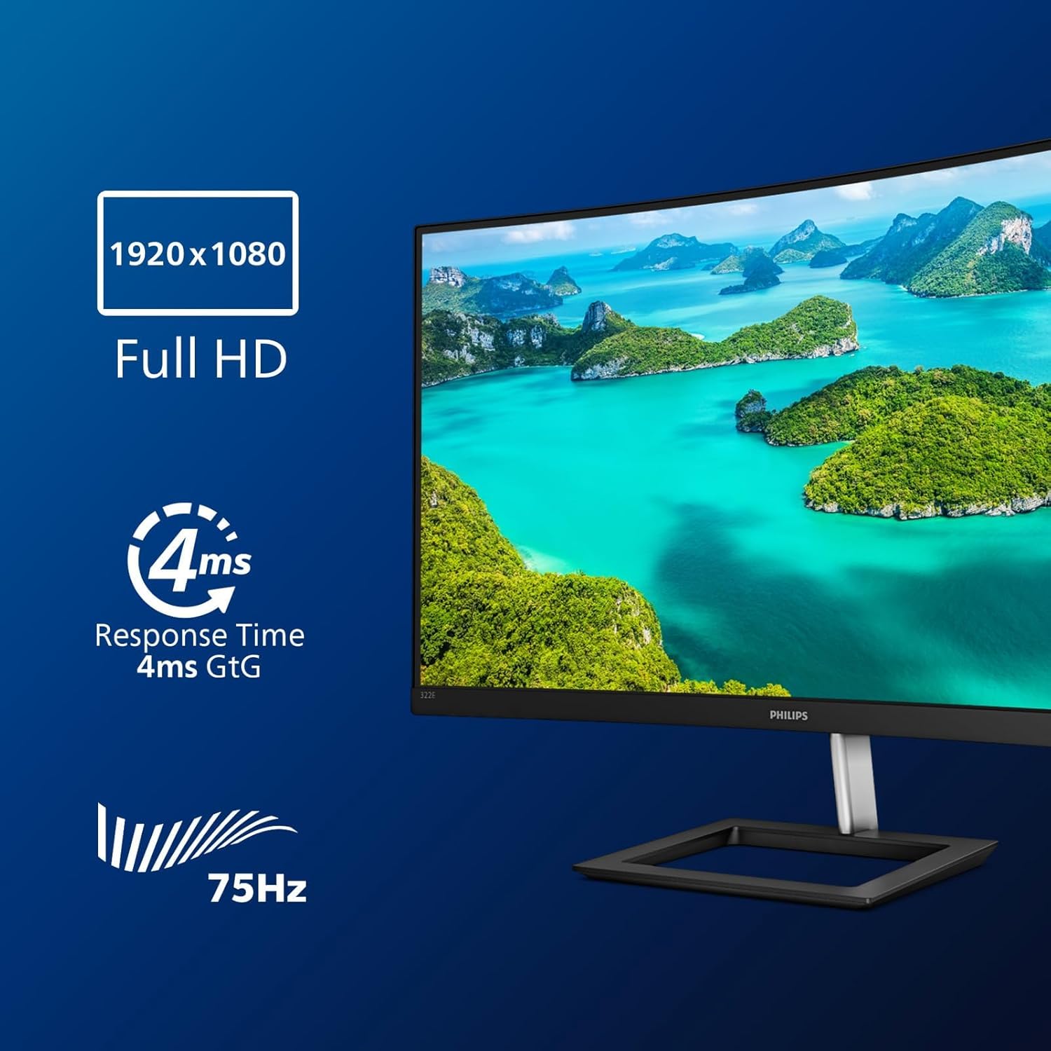 Philips 322E1C Gaming Monitor Curvo da 32", FHD LED VA Adaptive Sync 75 Hz, HDMI, Display Port, VGA, Flicker Free, Low Blue, Nero
