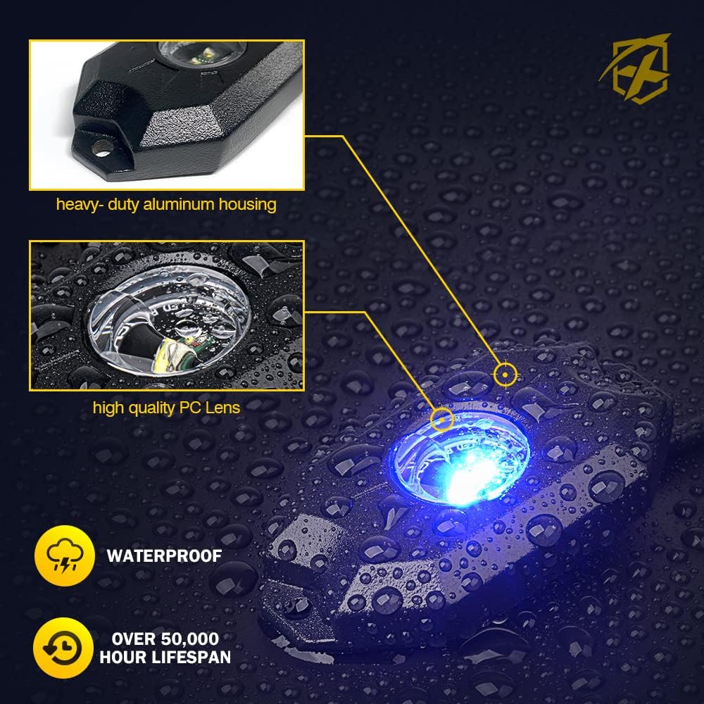 Xprite RGBW LED Rock Lights Kit w/Bluetooth & Wireless Remote Controller, Multicolor Cars Underglow, Whee Well, Footwell Neon Light Kits
