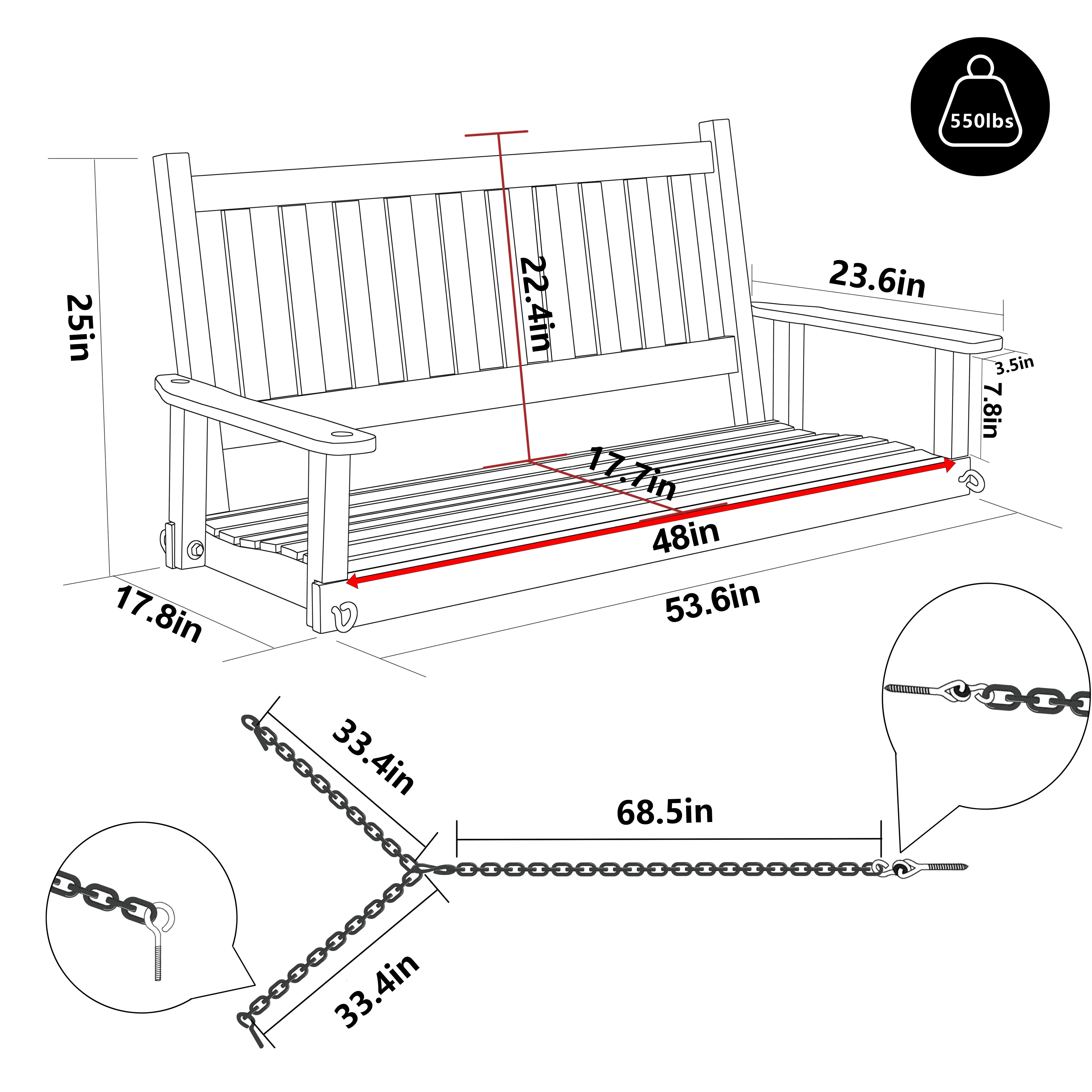 VEIKOUS Outdoor Wooden Porch Swing 4ft w/ Chains 2-person Swing Bench Chair for Patio, Rustic