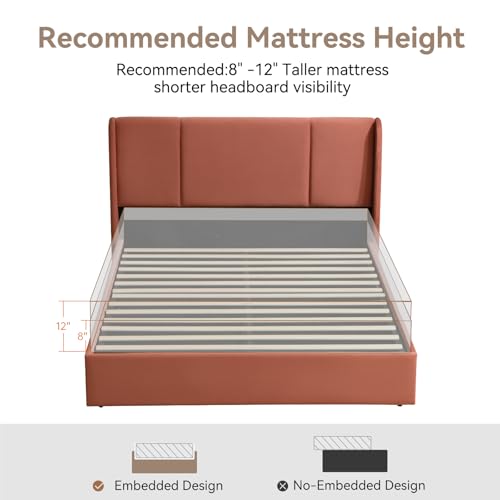 VELOCAVA Queen Size Lift Up Storage Bed with Modern Wingback Headboard, Upholstered Platform Bed with Fabric with Hydraulic Support Bars