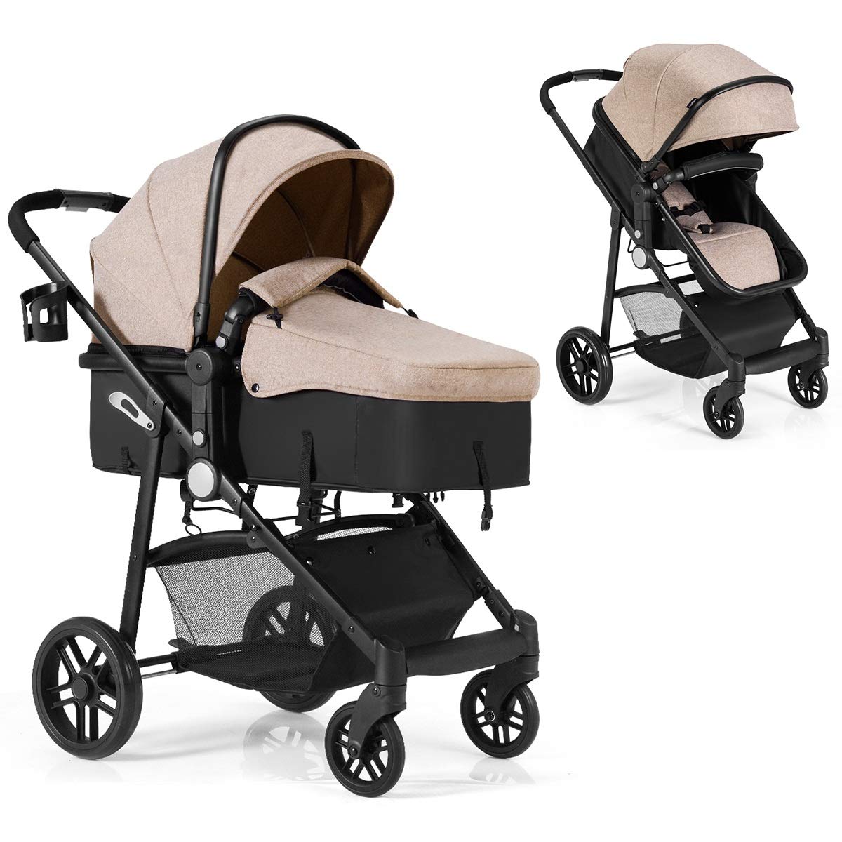BABY JOY Baby Stroller, 2 in 1 Convertible Carriage Bassinet to Stroller, Pushchair with Foot Cover, Cup Holder, Large Storage Space