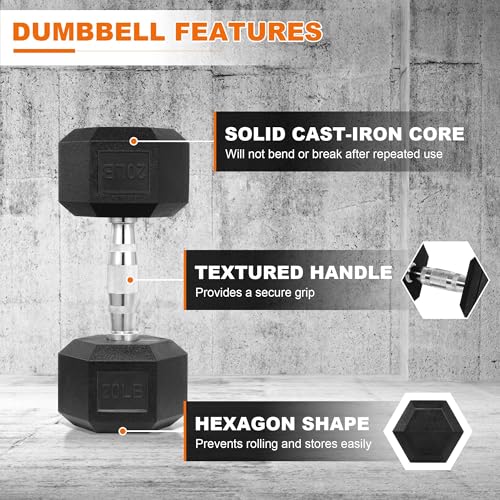 Dumbbell Set with Rack, Rubber Coated Hex Dumbbell Weights in 150lbs, 5, 10, 15, 20, 25lbs Pair, Black