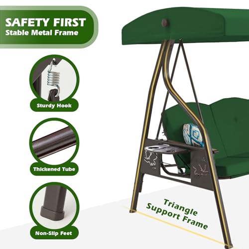 3-Seat Outdoor Porch Swing with Stand, Patio Swing with Canopy