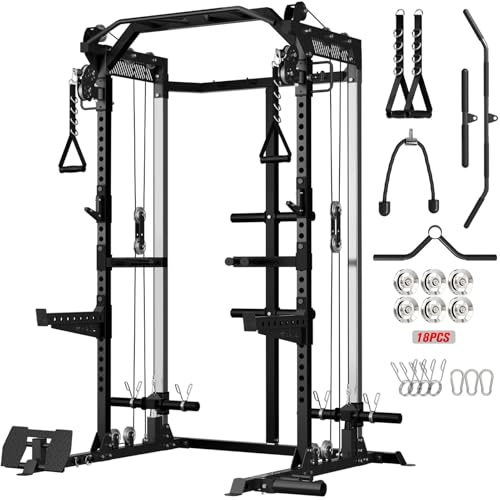 Mikolo Power Cage, 2000LB Power Rack with Independent Dual Pulley System, Multi-Function Home Gym Workout Machine for Cable Crossover