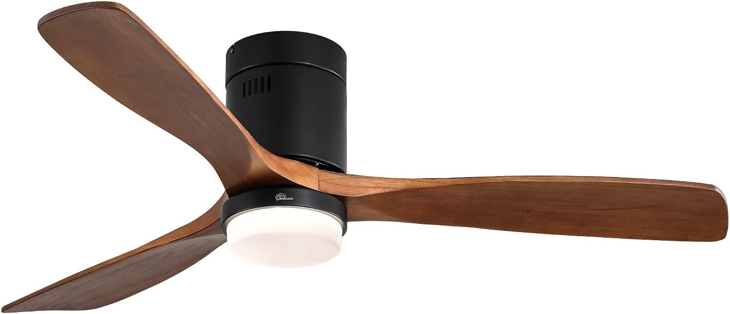 Sofucor Low Profile Ceiling Fan With Lights 3 Carved Wood Fan Blade Noiseless Reversible Motor Remote Control Flush Mount Ceiling Fan With Light