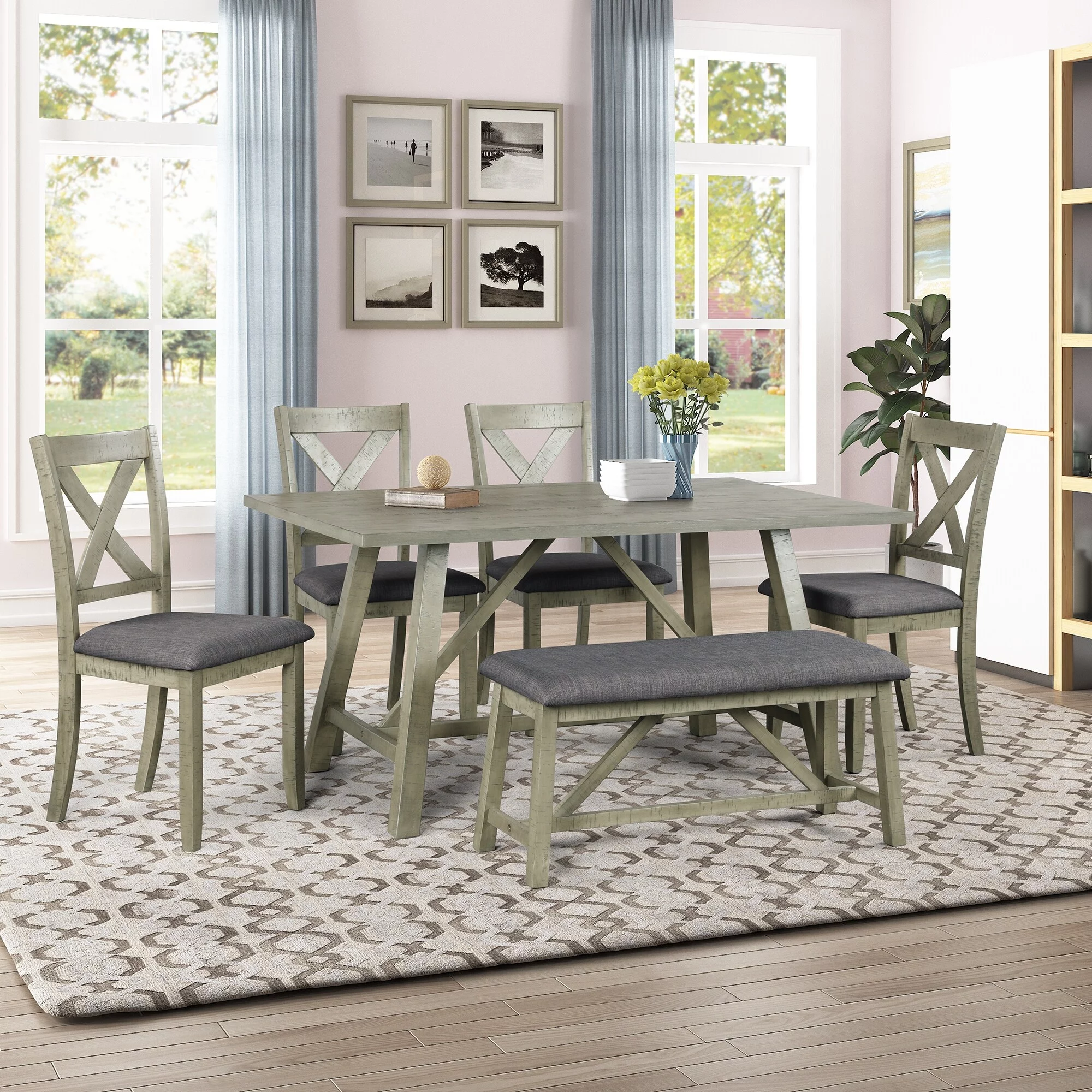 6 Piece Dining Table Set Wood Dining Table and chair Kitchen Table Set