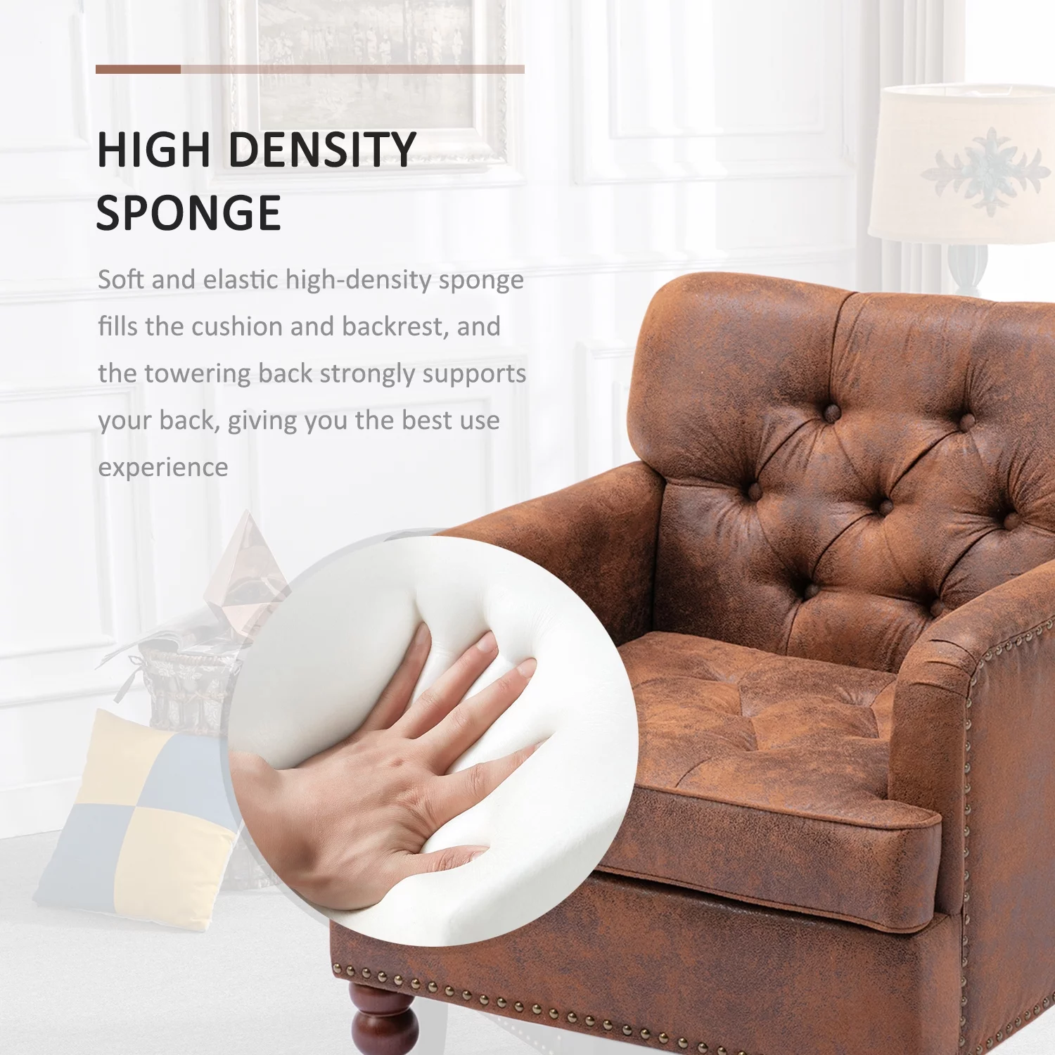 Tzicr Brown Modern Accent Chair, Button Tufted Upholstered Reading Chair with solid wood legs, Upholstered Mid Century Modern Arm Chairs for Bedroom