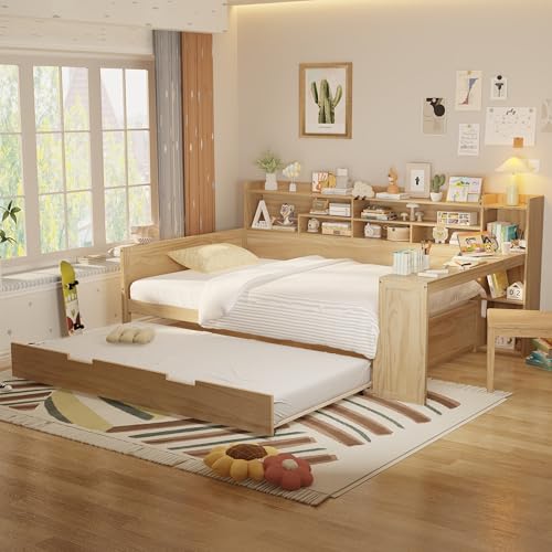 Bellemave Twin Corner Bed Frame with Storage Shelves and Desk, Wood Twin Size Daybed with Bookcase and Drawers and Storage, Gray