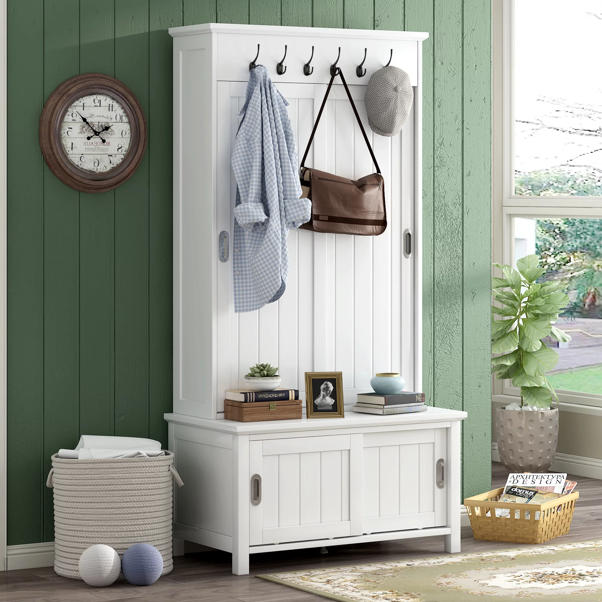 CoSoTower Multifunctional Hall Tree with Sliding Doors, Wooden Hallway Shoe Cabinet with Storage Bench and Shelves