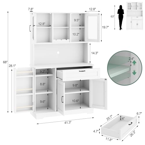Shintenchi Kitchen Pantry Storage Cabinet, Freestanding Buffet Cabinet with Microwave Stand & 4 Door Shelves, Kitchen Hutch with Doors