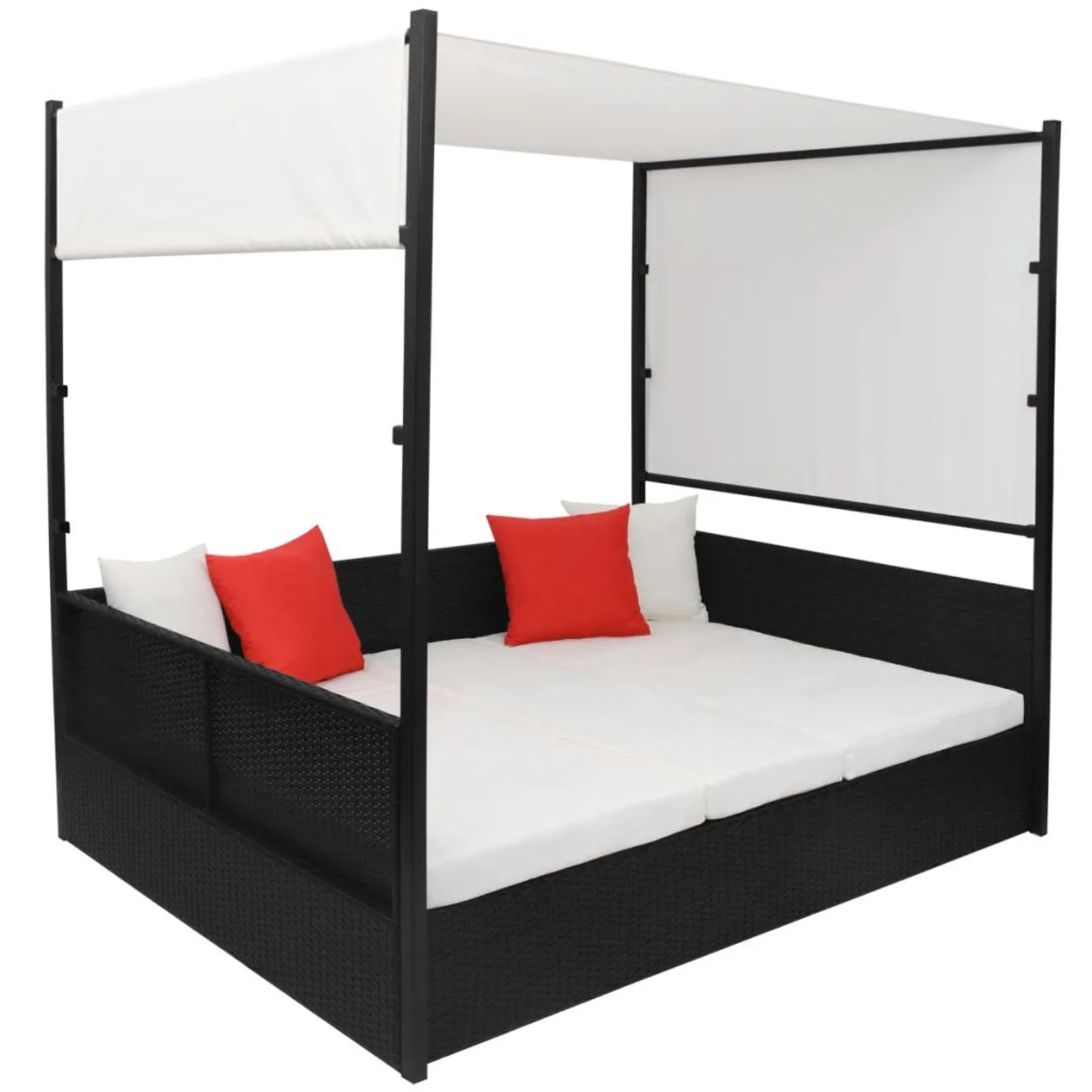 Dcenta 2-Person Sun Lounger with Canopy and Tea Table Outdoor Daybed Black Poly Rattan Double Chaise Lounge Bed for Patio, Garden, Backyard, Poolside